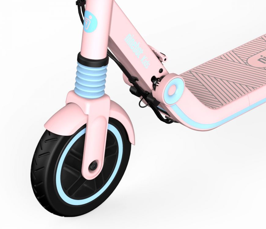 Segway Ninebot Zing E8 electric kickscooter for kids ages 6 to 12 years old. Comes in two colours blue and pink. Safe and easy to ride. Foldable and portable. Close-up of front solid rubber wheel. Anti-skid and anti-puncture tires. Front spring suspension.