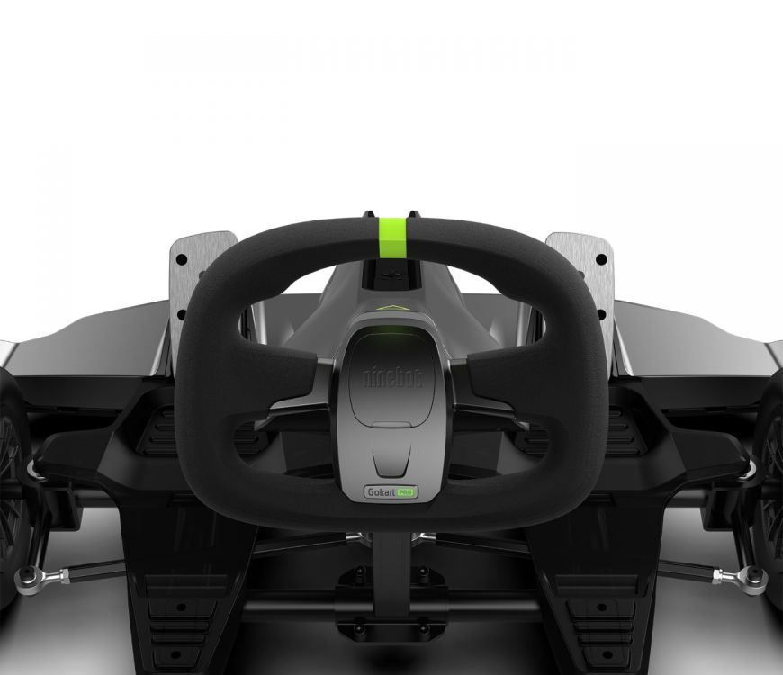 Segway Ninebot electric Gokart Pro Drift Kit with Ninebot S Max self-balancing device. Close-up of steering and gas pedal (37km/h top speed)