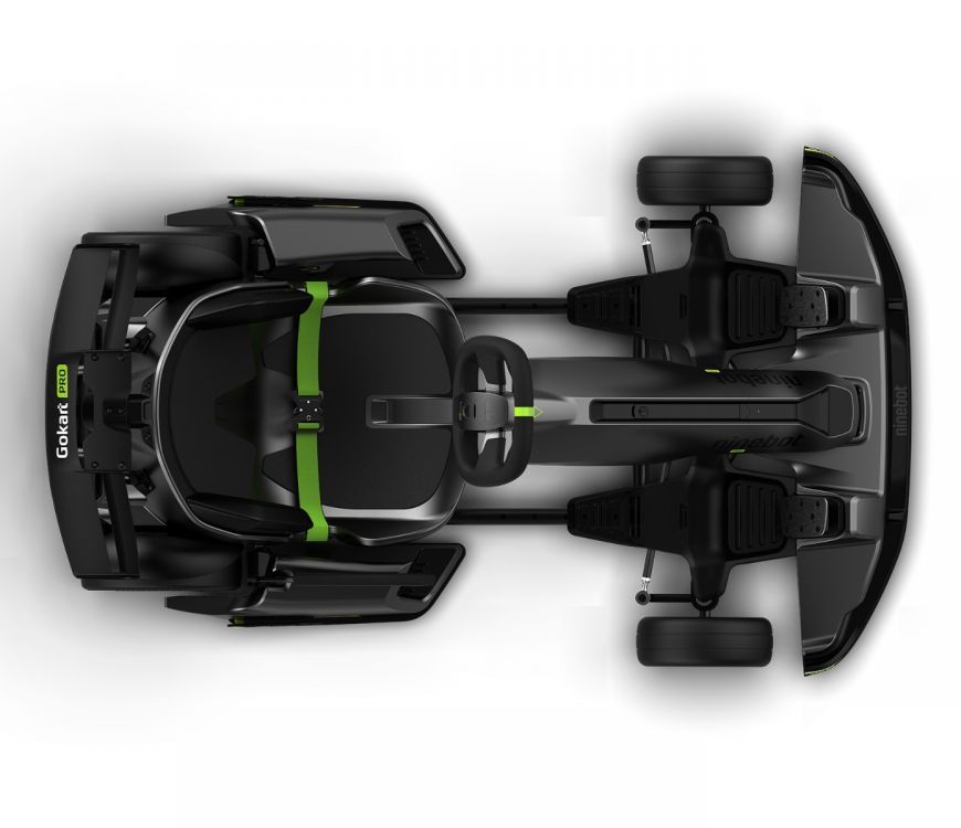Segway Ninebot electric Gokart Pro Drift Kit with Ninebot S Max self-balancing device. Overhead view of adjustable seat, spoiler, and gas pedal (37km/h top speed)