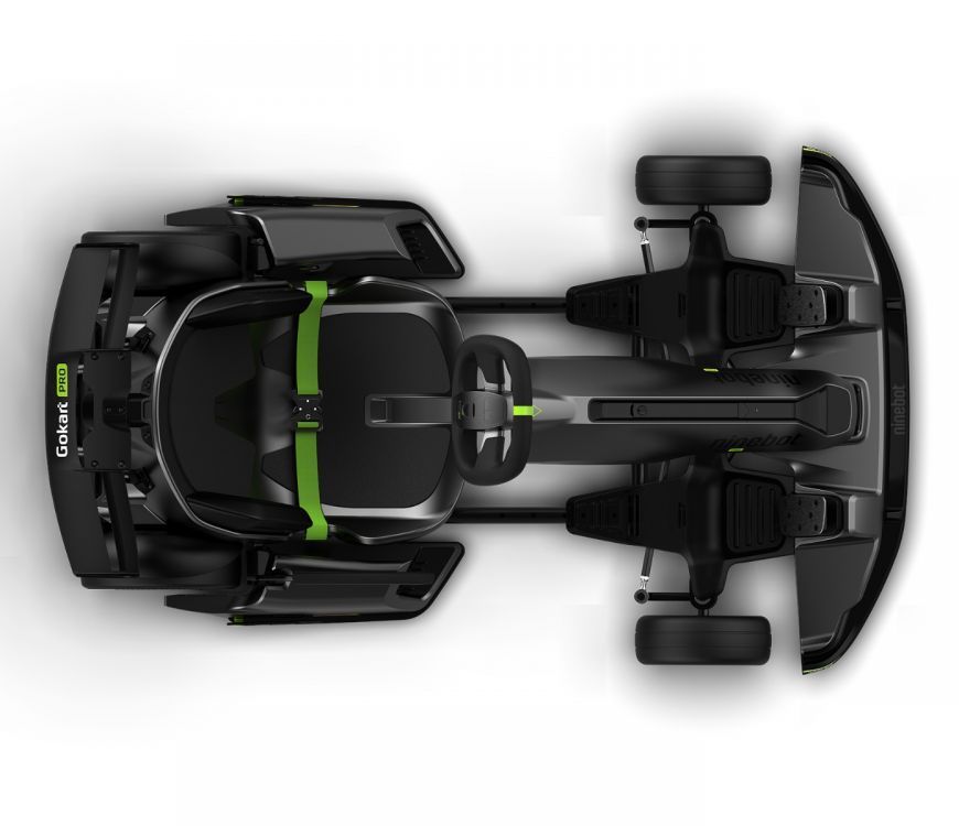 Segway Ninebot electric Gokart Pro Drift Kit with Ninebot S Max self-balancing device.  Overhead view of adjustable seat, spoiler, and gas pedal (37km/h top speed)