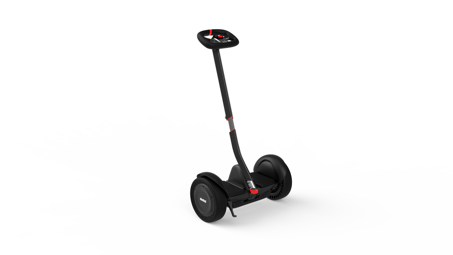 Segway Ninebot S Max self-balancing electric hoverboard scooter with adjustable steering column and steering wheel. Top speed of 20km/h with solid rubber tires. Similar to the Ninebot S and S plus. side view.