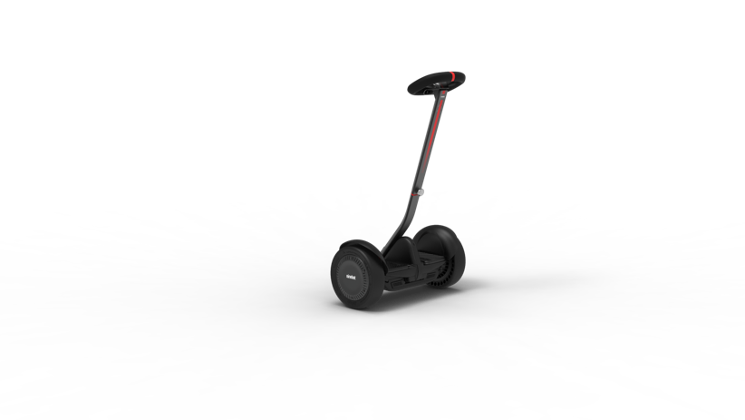 Segway Ninebot S Max self-balancing electric hoverboard scooter with adjustable steering column and steering wheel. Top speed of 20km/h with solid rubber tires. Similar to the Ninebot S and S plus. Side view.