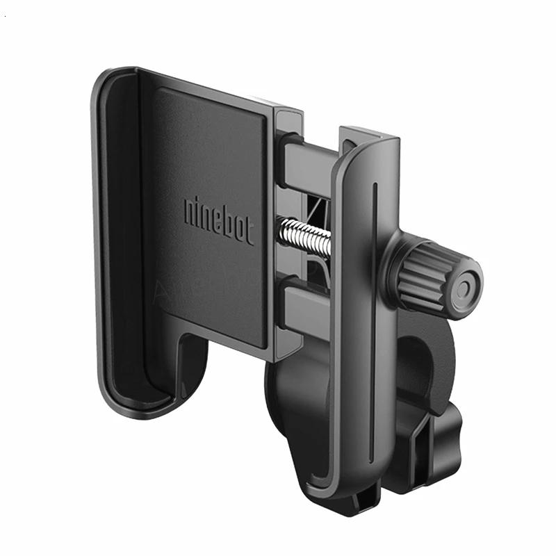 Phone mount for the Segway Ninebot electric kickscooter lineup. Phone holder is black with adjustable knob to fit phones of all sizes.