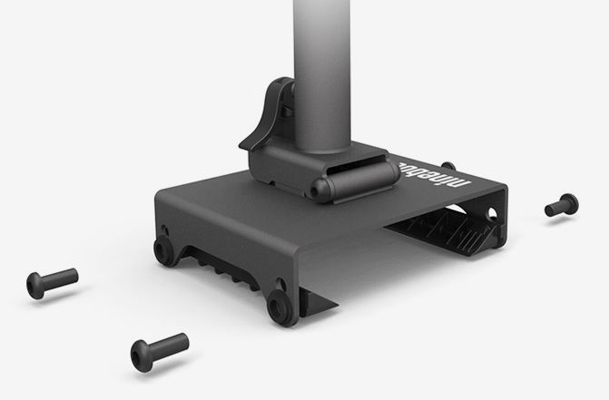 Seat for the Ninebot Max G30 and Max G30 LP model electric kickscooter. Close up on the screws that connect to the scooter. Accessory for Segway electric scooter