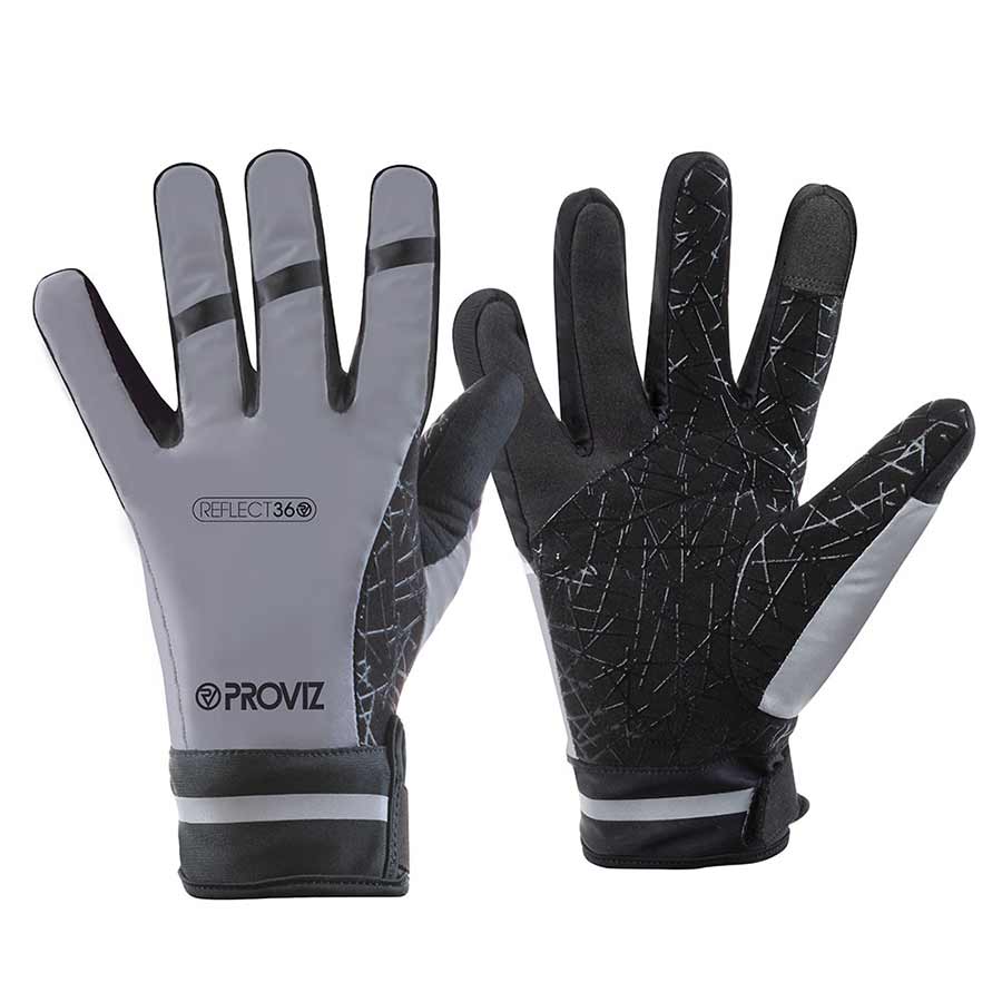 Pair of gray and black gloves with 'PROVIZ' branding on a white background