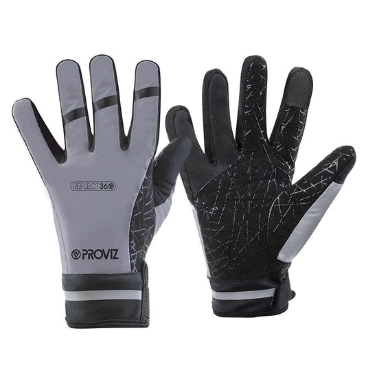 Pair of gray and black gloves with 'PROVIZ' branding on a white background