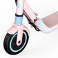 Segway Ninebot Zing E8 electric kickscooter for kids ages 6 to 12 years old. Comes in two colours blue and pink. Safe and easy to ride. Foldable and portable. Close-up of front solid rubber wheel. Anti-skid and anti-puncture tires. Front spring suspension.