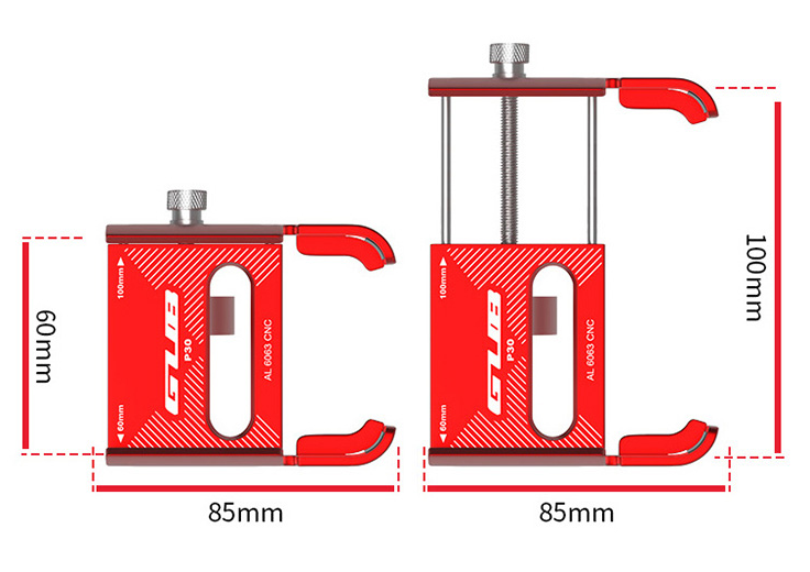 Dimensions of the GUB P30 phone mount for electric kickscooters. 85mm in length with expanding width between 60mm to 100mm. Fits a wide range of phones - no pun intended.
