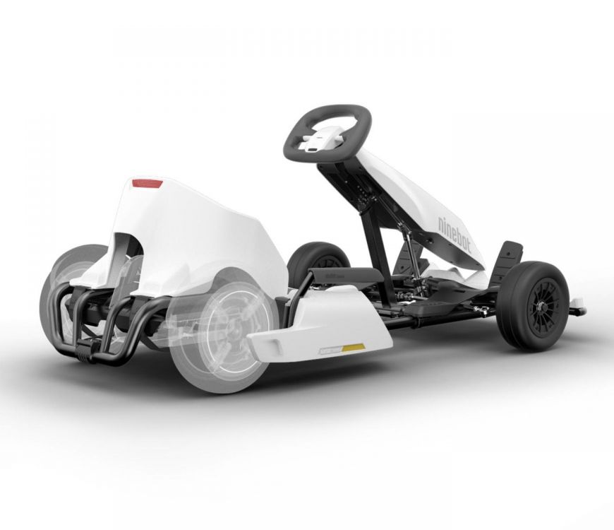 White Segway-Ninebot Gokart kit first generation. Rear view without Ninebot S self-balancing device. 