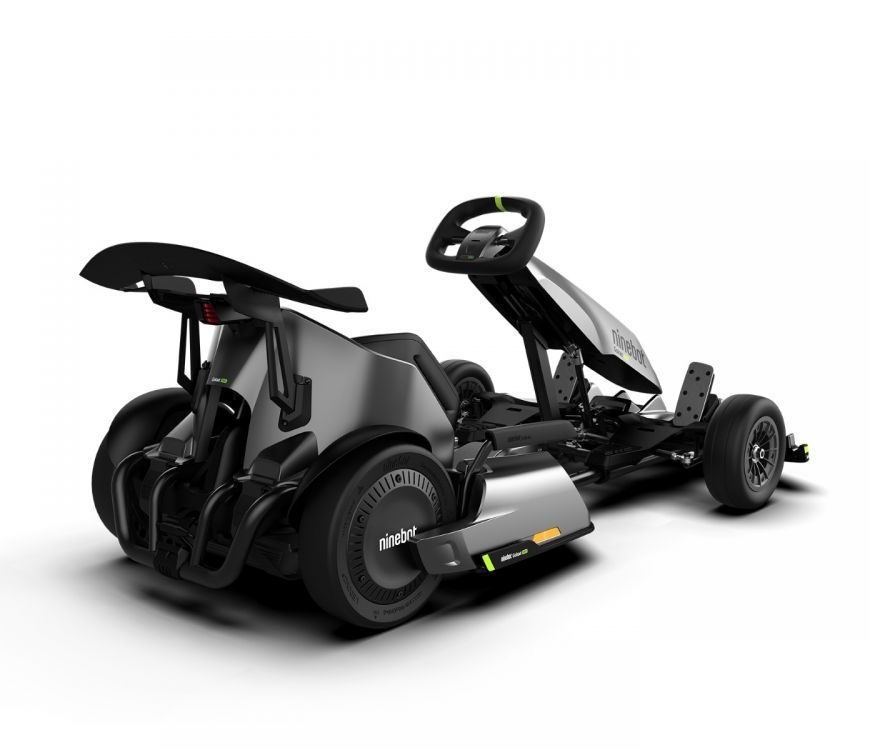 Segway Ninebot electric Gokart Pro Drift Kit with Ninebot S Max self-balancing device.  Rear view of spoiler and solid anti-puncture tires.