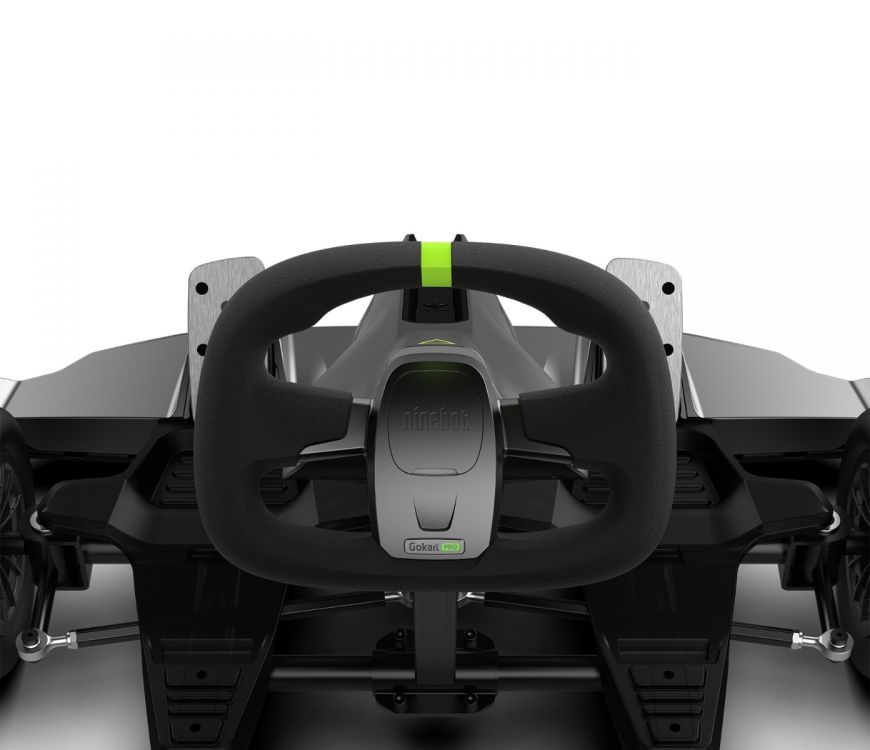 Segway Ninebot electric Gokart Pro Drift Kit with Ninebot S Max self-balancing device.  Close-up of steering and gas pedal (37km/h top speed)