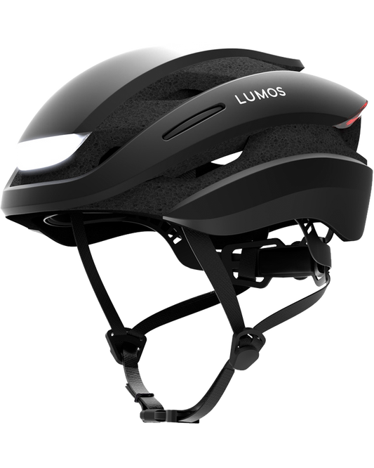 Lumos Ultra helmet for Segway-Ninebot electric kick scooter. Comes with remote control signalling that installs onto the handlebar. Built in lights and signals for enhanced safety and night riding. Protect your head while riding. Helmet in Black. Rechargeable.