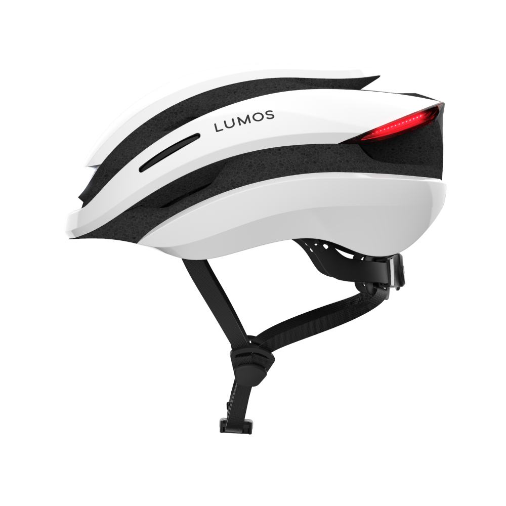Lumos Ultra helmet for Segway-Ninebot electric kick scooter. Comes with remote control signalling that installs onto the handlebar. Built in lights and signals for enhanced safety and night riding. Protect your head while riding. Helmet in White. Rechargeable.