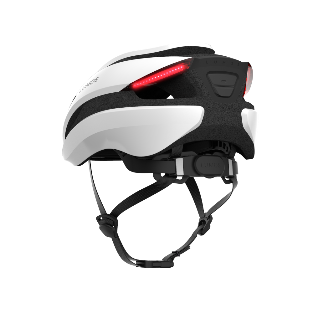 Lumos Ultra helmet for Segway-Ninebot electric kick scooter. Comes with remote control signalling that installs onto the handlebar. Built in lights and signals for enhanced safety and night riding. Protect your head while riding. Helmet in white. Rechargeable.