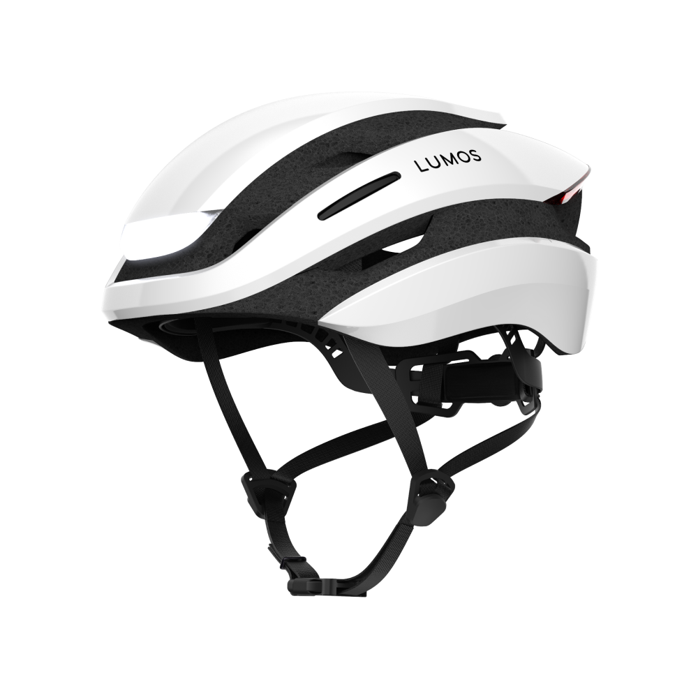 Lumos Ultra helmet for Segway-Ninebot electric kick scooter. Comes with remote control signalling that installs onto the handlebar. Built in lights and signals for enhanced safety and night riding. Protect your head while riding. Helmet in white. Rechargeable.