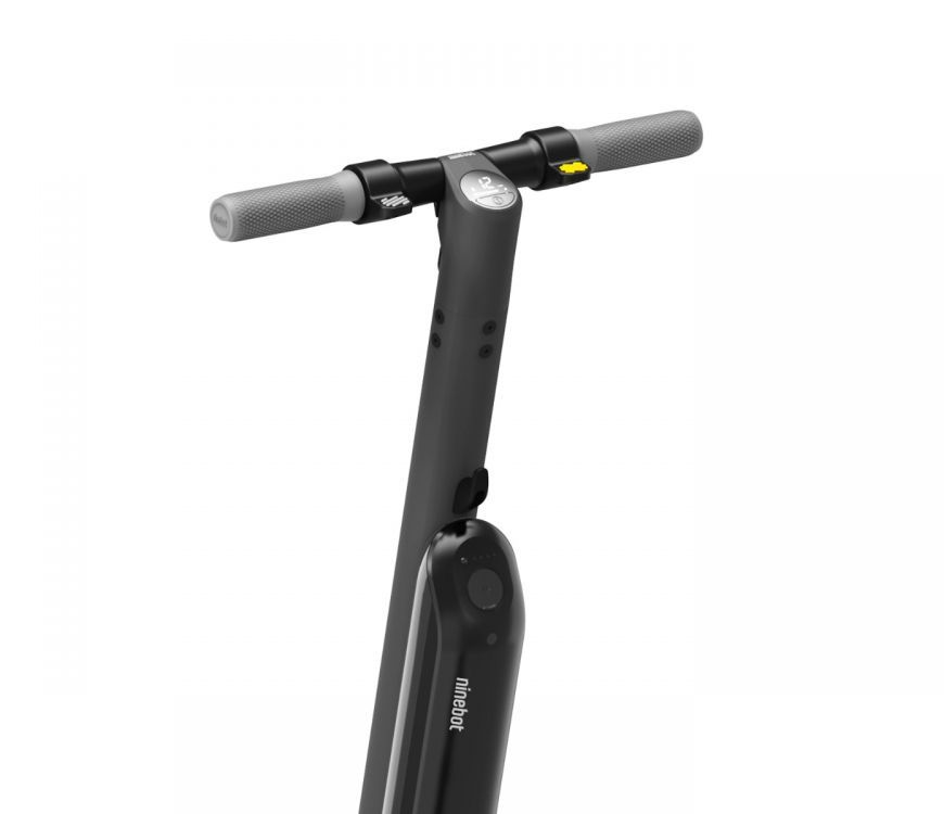 Segway Ninebot E45 electric kickscooter handlebar with thumb throttle and bright display. External battery built on to the stem for added range.