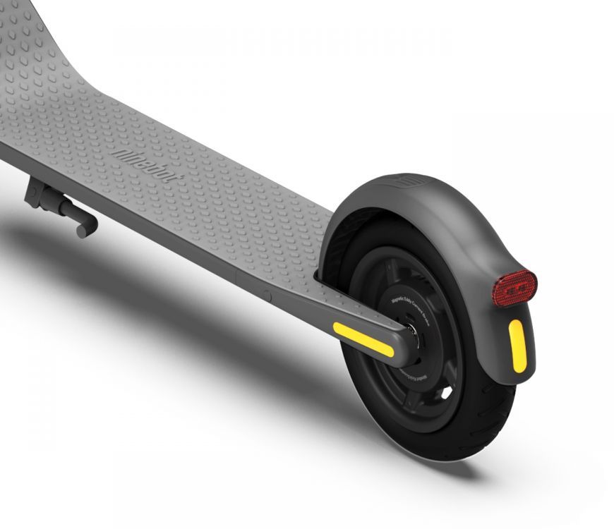 Segway Ninebot E45 electric kickscooter rear tire with rear fender friction brake, rear tail light, and magnetic brakes.