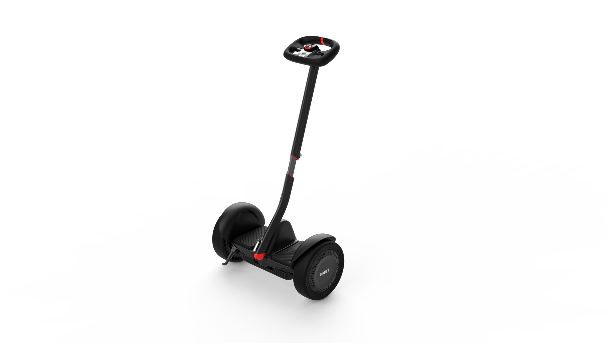 Segway Ninebot S Max self-balancing electric hoverboard scooter with adjustable steering column and steering wheel. Top speed of 20km/h with solid rubber tires. Similar to the Ninebot S and S plus. Back view with kickstand.