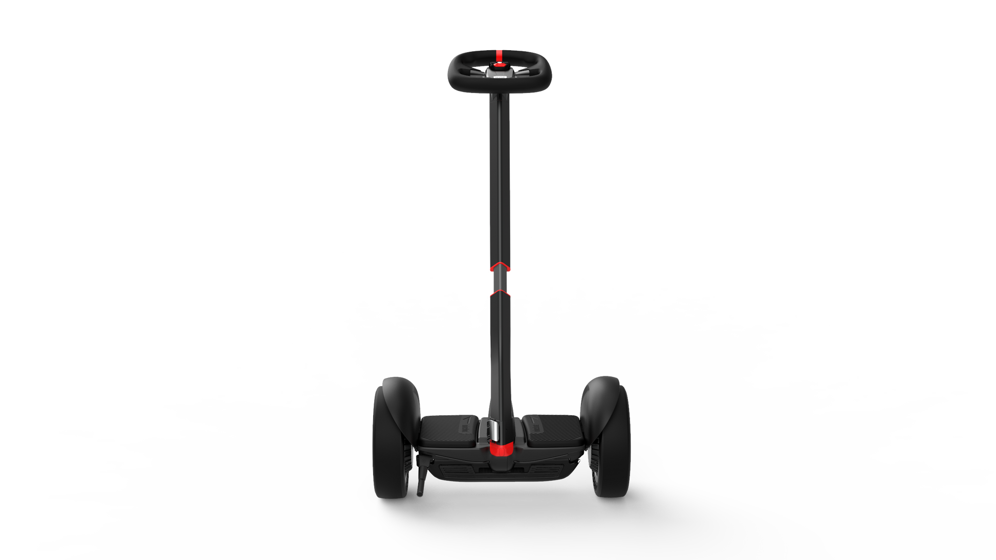 Segway Ninebot S Max self-balancing electric hoverboard scooter with adjustable steering column and steering wheel. Top speed of 20km/h with solid rubber tires. Similar to the Ninebot S and S plus. Back view with kickstand.