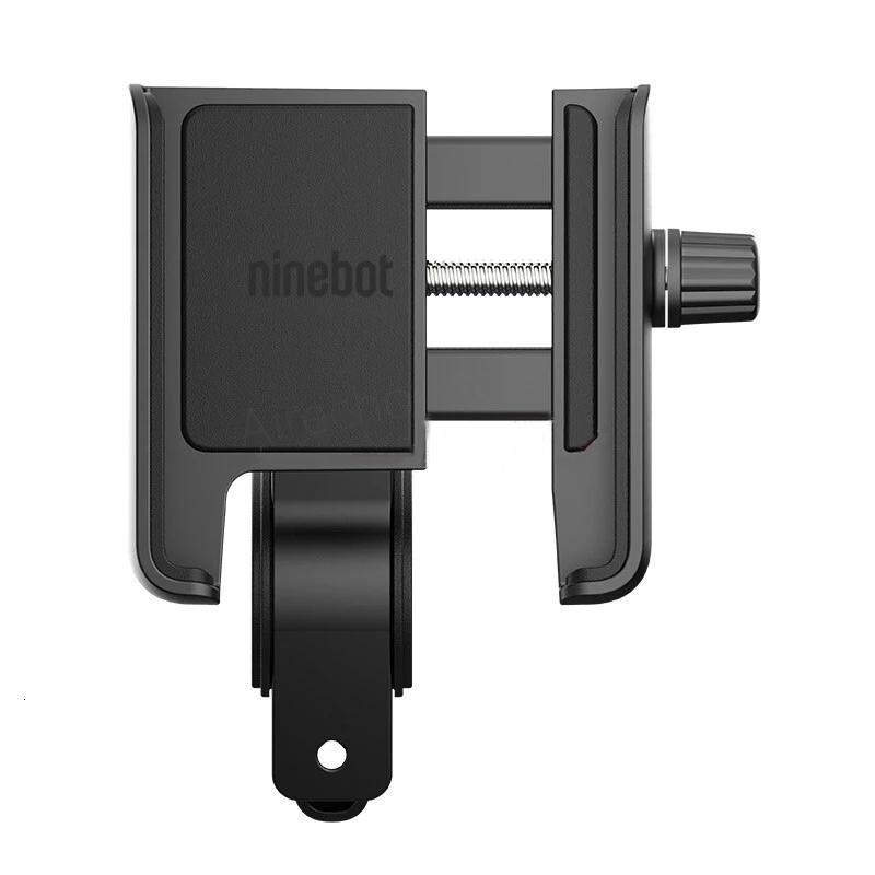 Phone mount for the Segway Ninebot electric kickscooter lineup. Phone holder is black with adjustable knob to fit phones of all sizes.