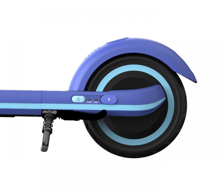 Segway Ninebot Zing E8 electric kickscooter for kids ages 6 to 12 years old. Comes in two colours blue and pink. Safe and easy to ride. Foldable and portable. Close-up of rear tire (rear wheel drive). Easy ON and OFF button. Kickstand.