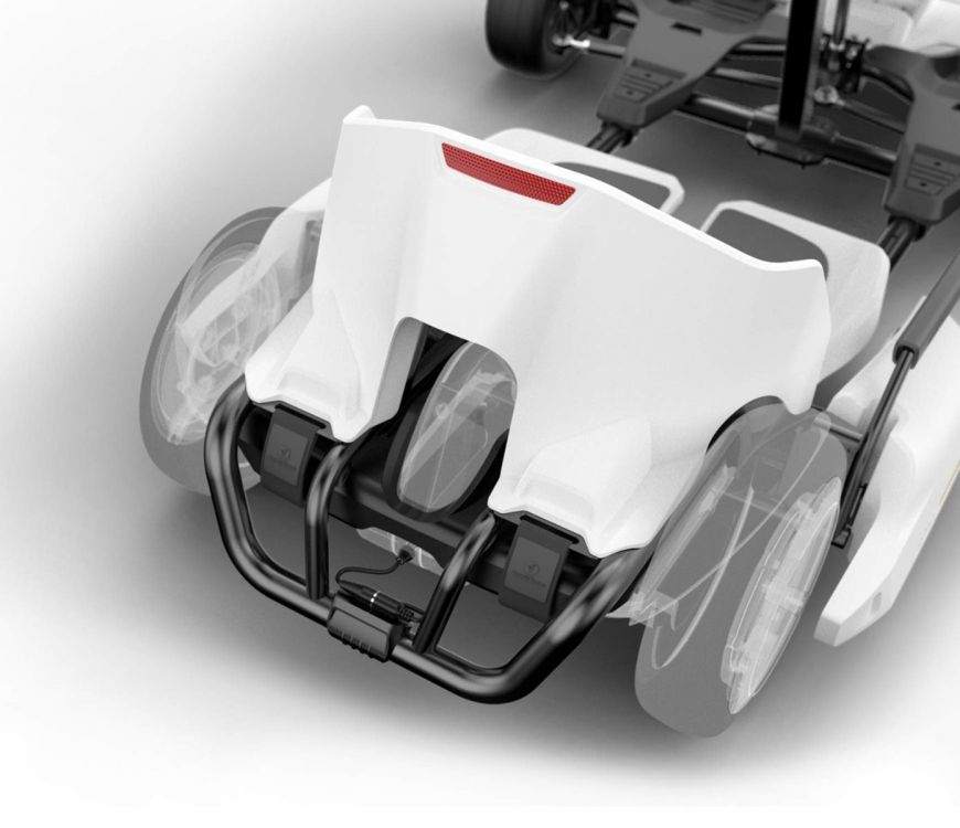 White Segway-Ninebot Gokart kit first generation without black Ninebot S self-balancing device. Overhead view of adjustable seat and rear charge port.